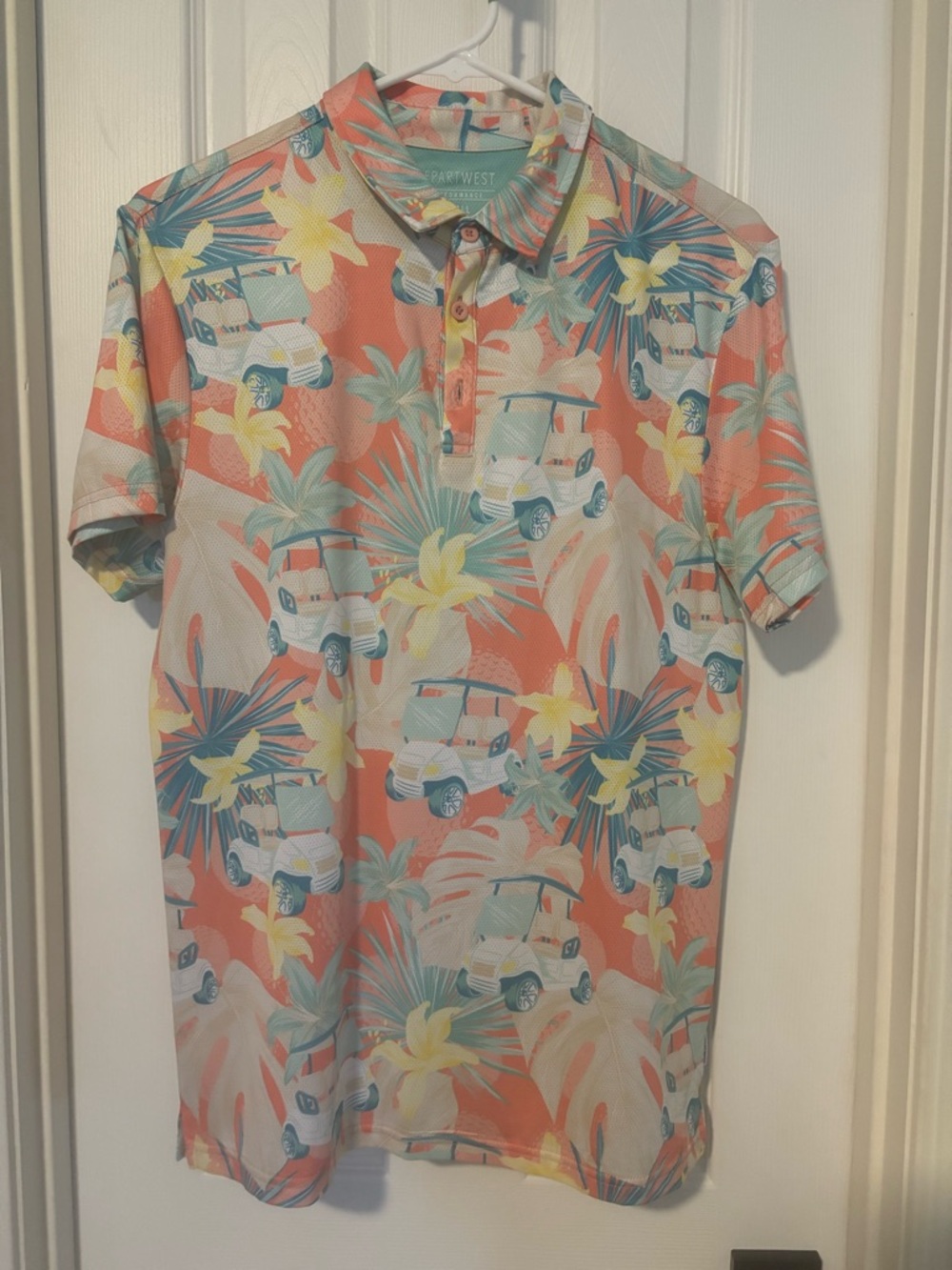 Woman's  Coral Tropical Golf Polo with Golf Cart Print